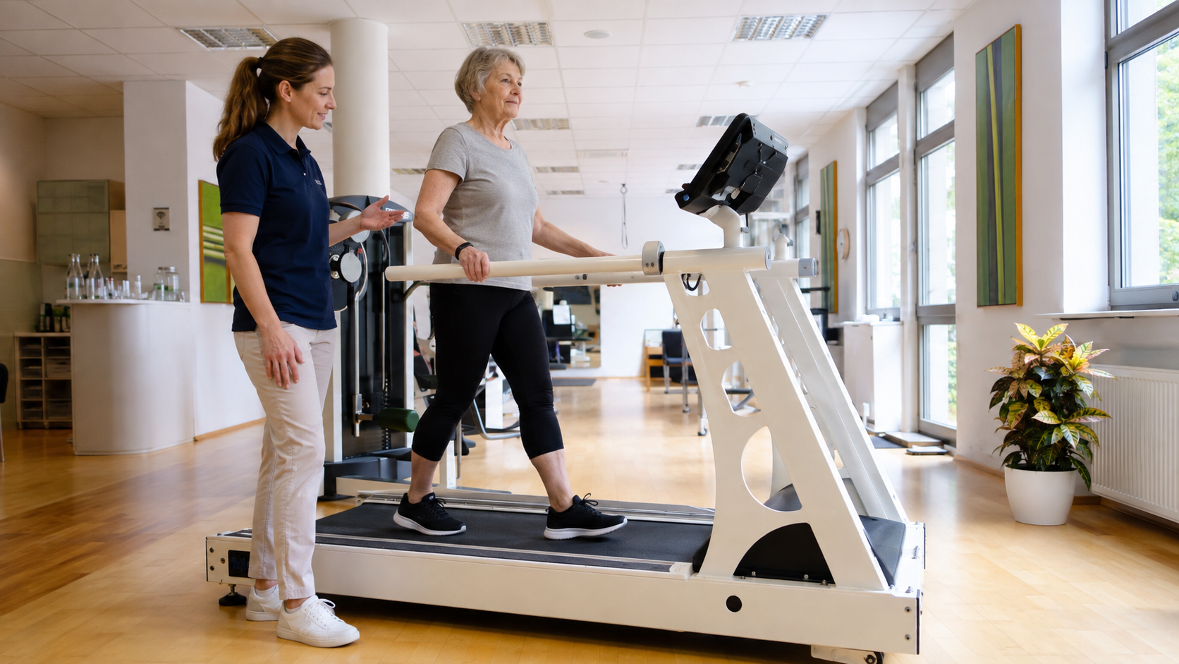 Ältere Patientin bei der Laufbandtherapie unter Anleitung einer MAINTAIN-Therapeutin